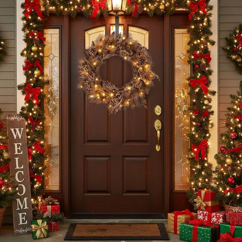 Costway 1/2 PCS 24" Pre-lit Christmas Wreath Front Door Artificial