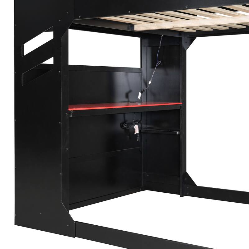 Full Size Loft Bed for Esports, Work with Built-in Adjustable Desk, Hidden Storage Headboard, RGB Light Strips and Hanging Rod