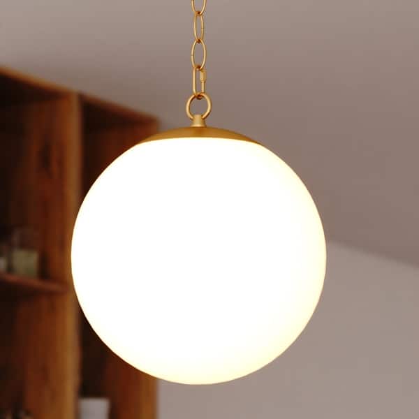 slide 2 of 10, Linden 1L Gold Brass Mid-Century Modern Pendant Light White Globe Glass - 12-in W x 13.5-in H x 12-in D 12-in W x 13.5-in H x 12-in D - Muted Brass