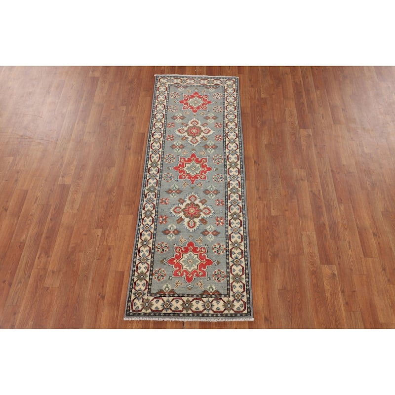 Gray Geometric Kazak Oriental Runner Rug Hand-Knotted Wool Carpet - 2'2" x 6'0"