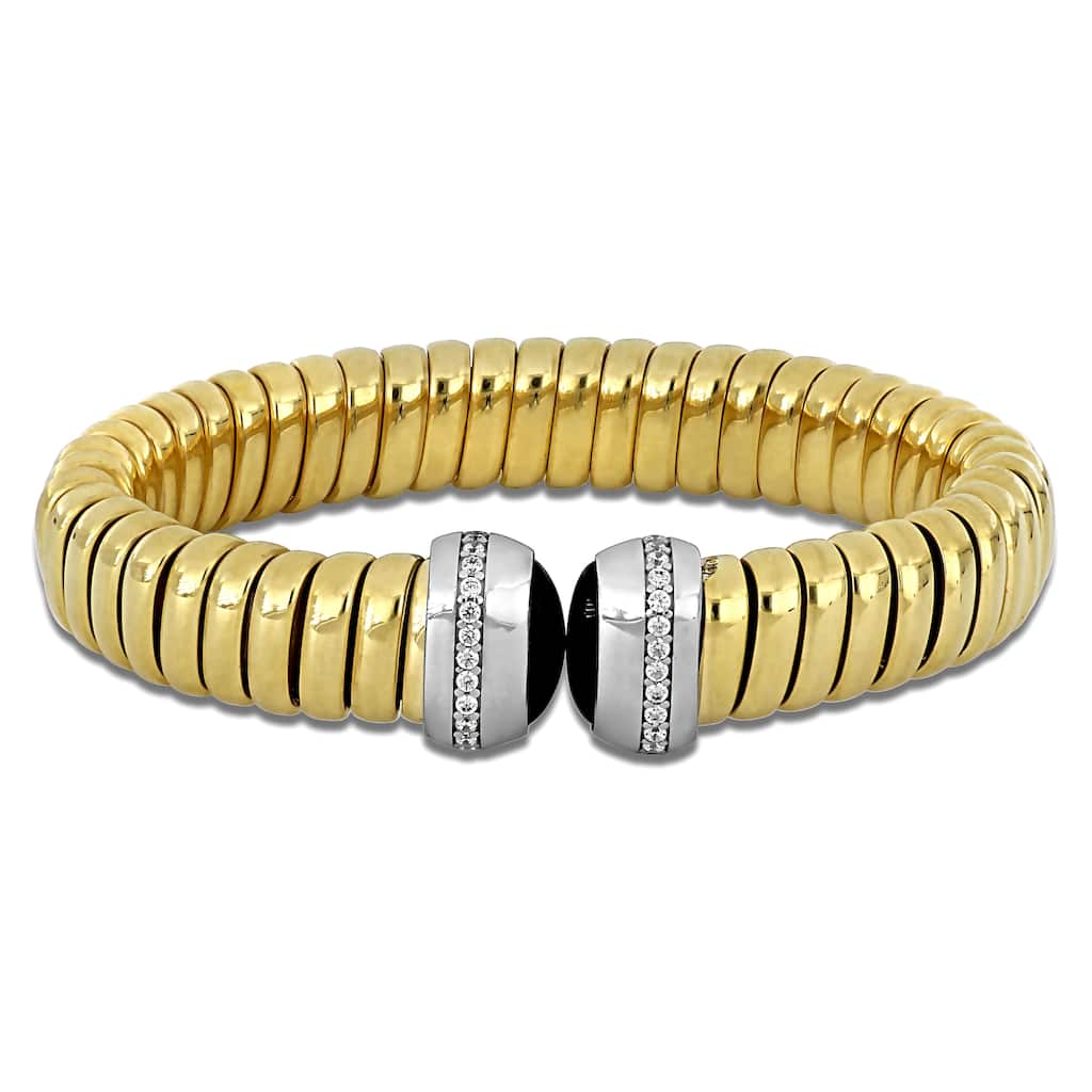 Miadora 1/4ct TGW Cubic Zirconia Black Onyx Omega Stretch Bangle Two-Tone Sterling Silver