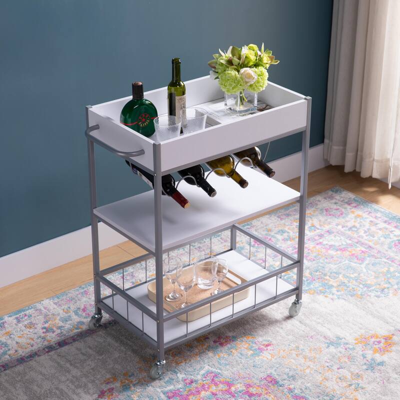 Rolling Kitchen Cart with Three Tier Storage and Four Wine Bottle Rack - Metal
