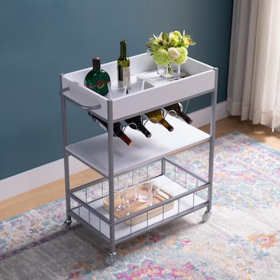 Rolling Kitchen Cart with Three Tier Storage and Four Wine Bottle Rack - Metal