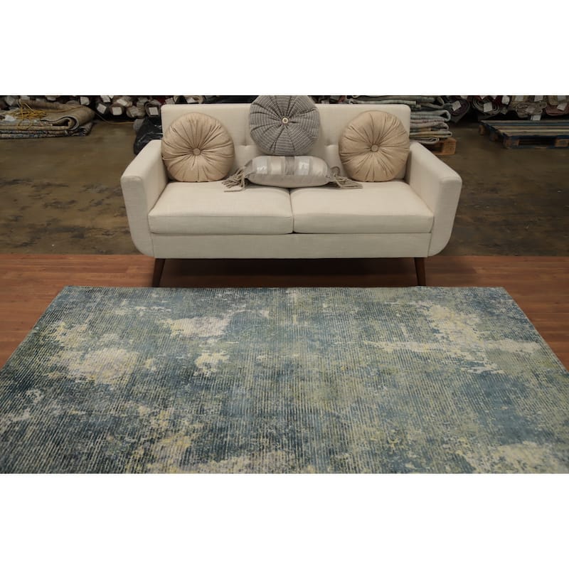 Hand Knotted Oriental Viscose Silk Carpet Modern All-Over Green Abstract Area Rug - 7' 9'' X 5' 4''