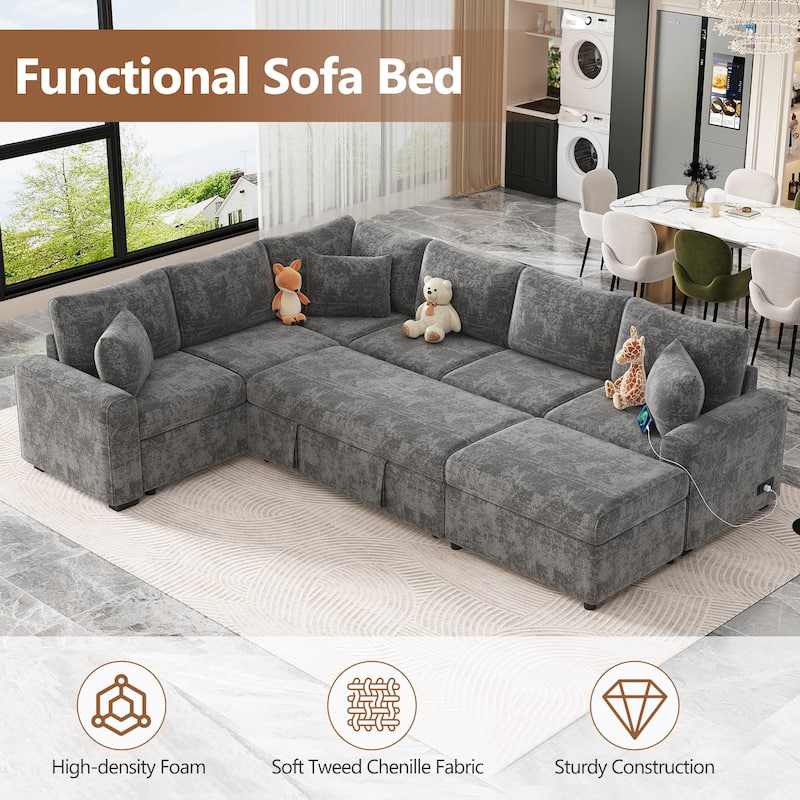 112.2" Sectional Sofa Pull-out Sofa Bed Sleeper with a Storage Ottoman,Three Pillows and Charging Devices for Living Room, Cream