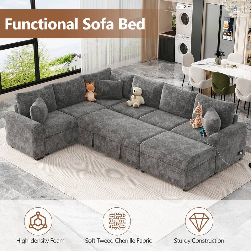 Sectional Sofa Pull-out Bed with Storage Ottoman and Charging Devices