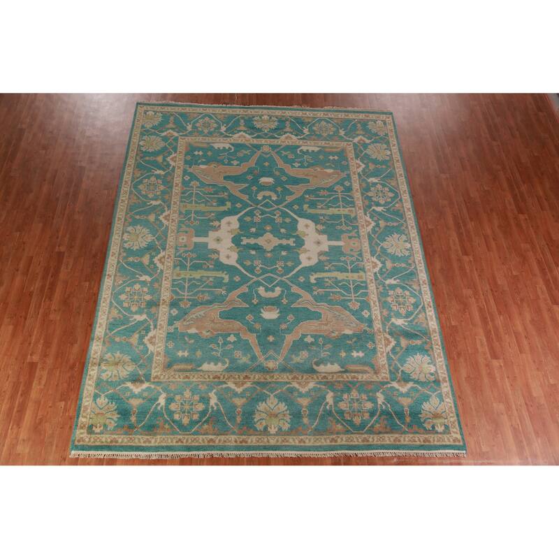 All-Over Green Oushak Indian Area Rug Floral Handmade Wool Carpet - 9'1" x 11'9"