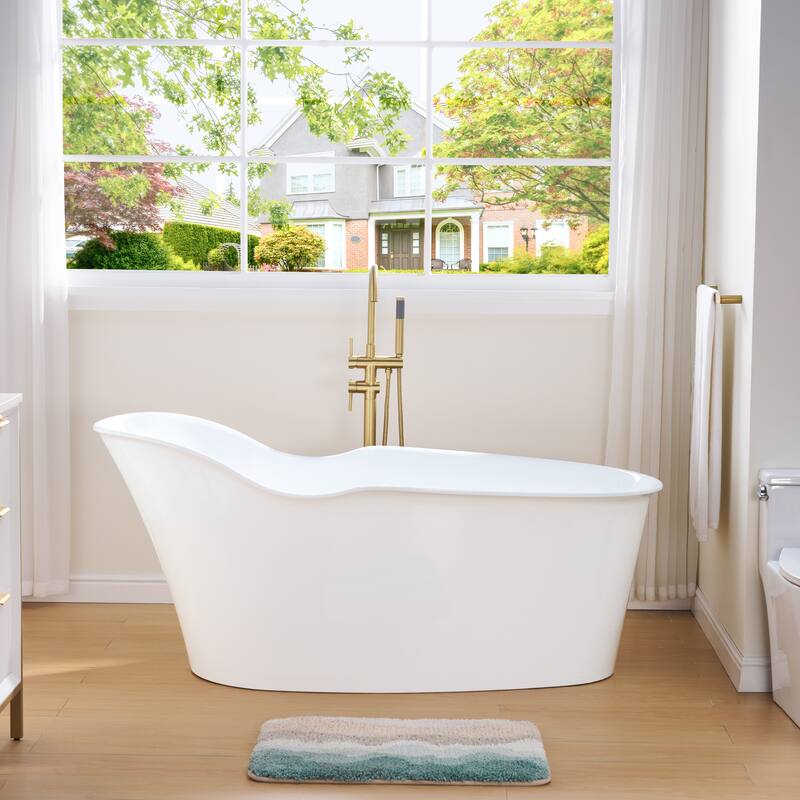 66'' W,63 GALLONS Freestanding Acrylic Soaking Bathtub With Drain And Overflow Holes