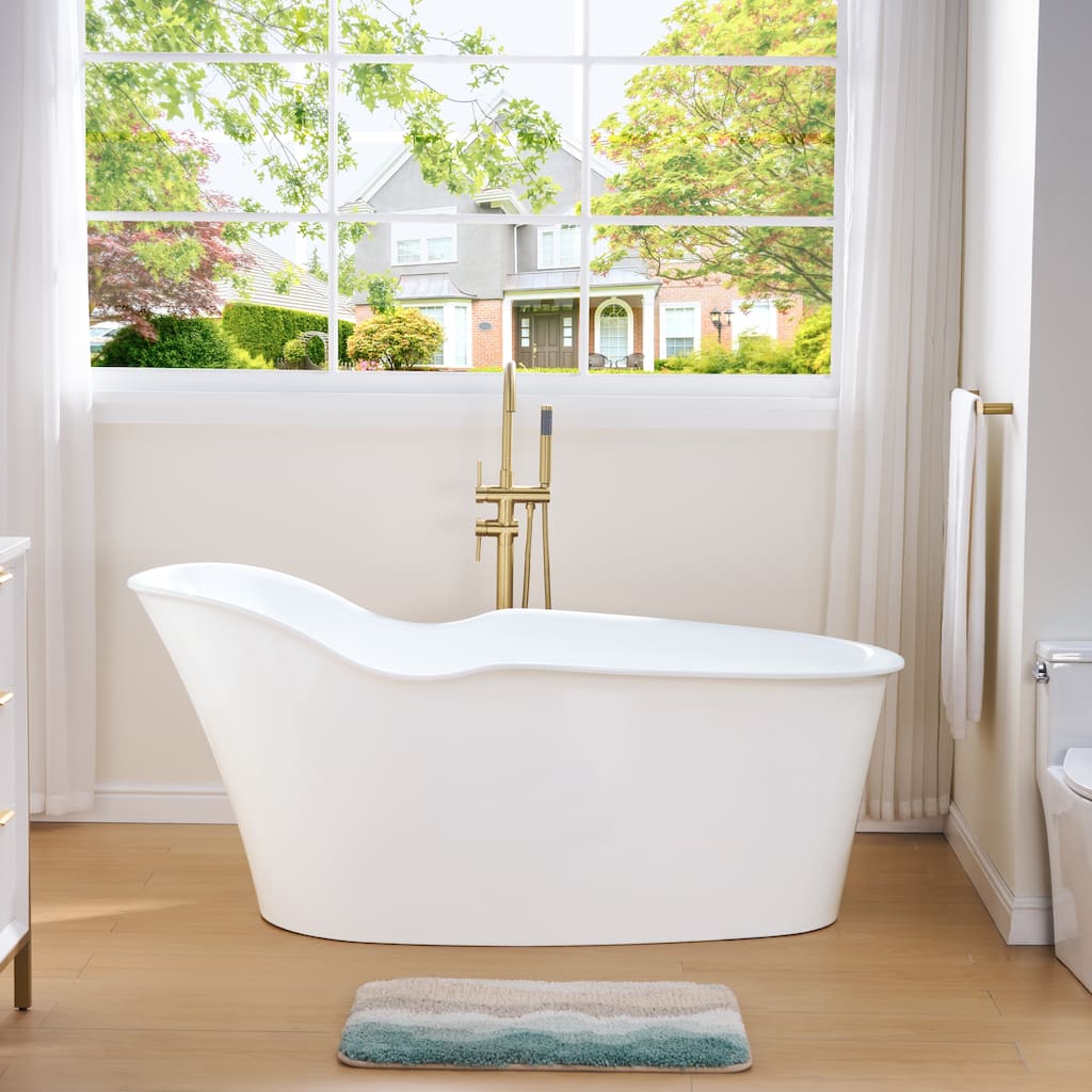 66'' W,63 GALLONS Freestanding Acrylic Soaking Bathtub With Drain And Overflow Holes