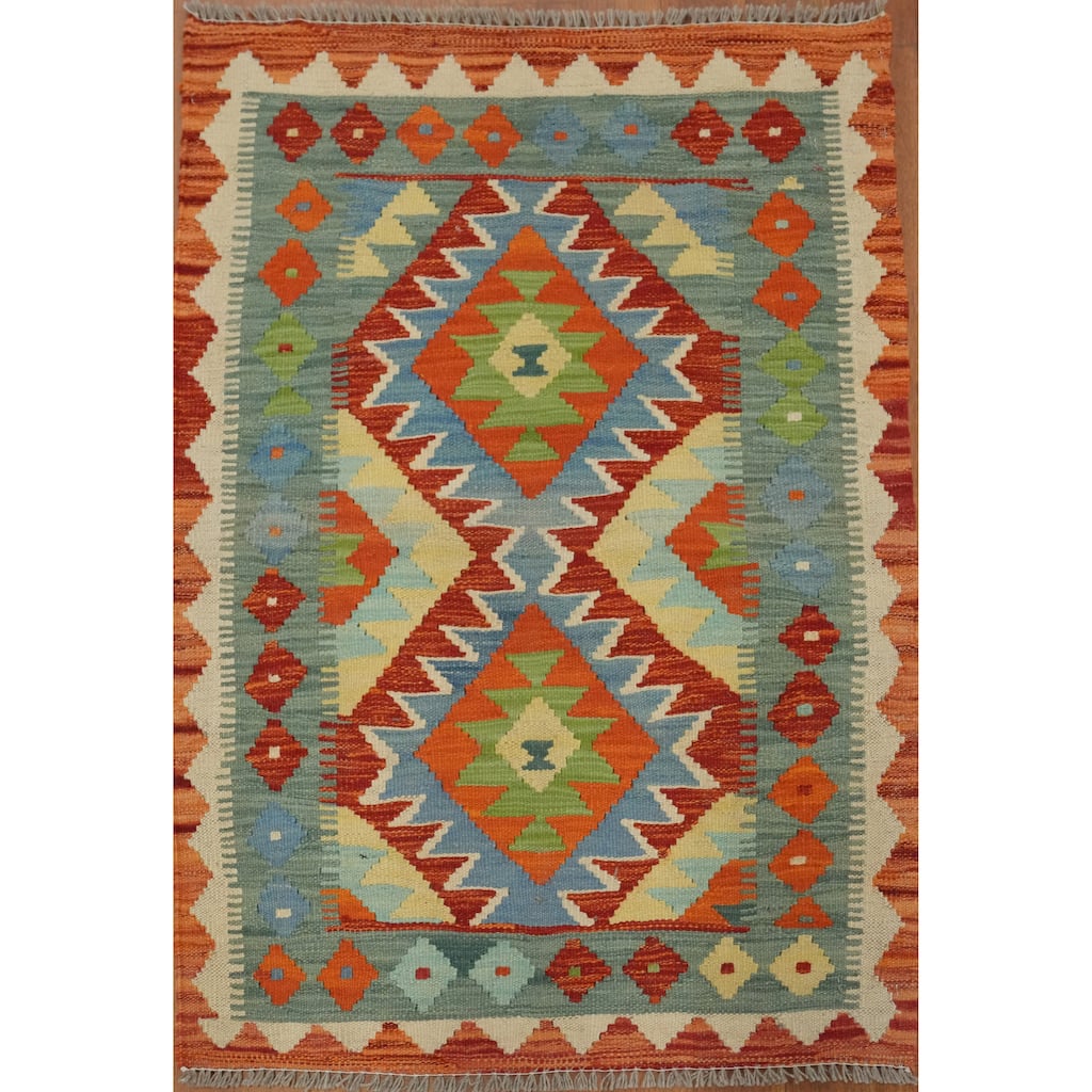 Hand Woven Oriental 100% Wool Carpet Southwestern Geometric Multi-Colored Kilim Area Rug - 3' 5'' X 2' 4''