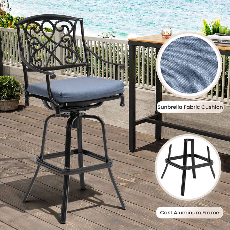 Outdoor Patio Aluminum Swivel Bar Stool with Sunbrella Cushion
