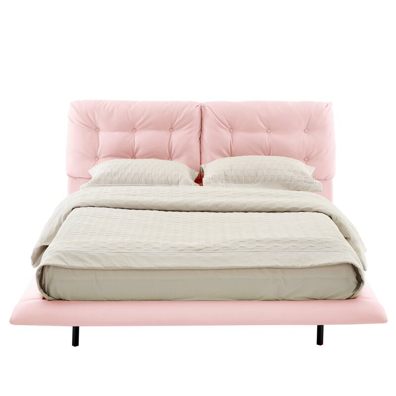 Queen Size LED Upholstered Bed Frame with Floating Design, PU Leather Headboard, Easy Assembly, No Box Spring Needed, Pink