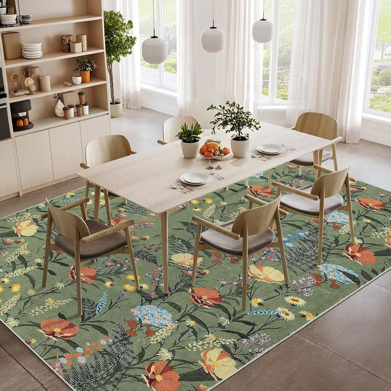 Modern Living Room Rugs Floral Rustic Area Rug Soft Foldable Accent Rug Low Pile Non-Slip Rug for Dining Room Office