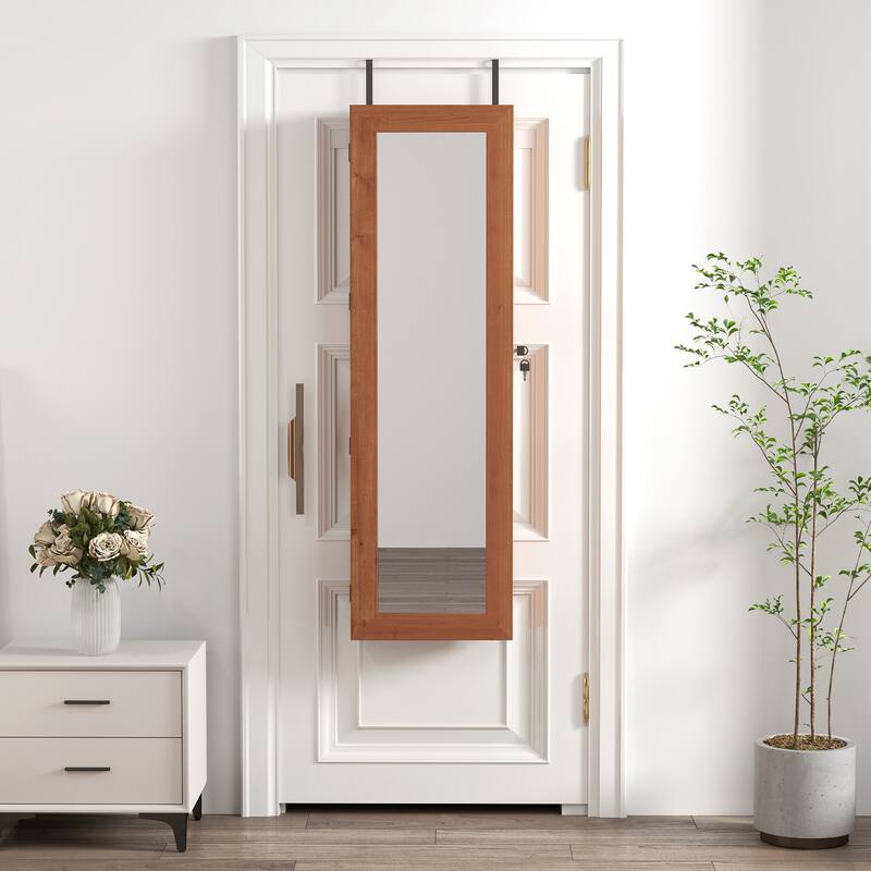 Solid Wood Jewelry Armoire Organizer Cabinet with Full-Length Mirror, 47.5x14.3 in Wall-Mounted Lockable with LED Light
