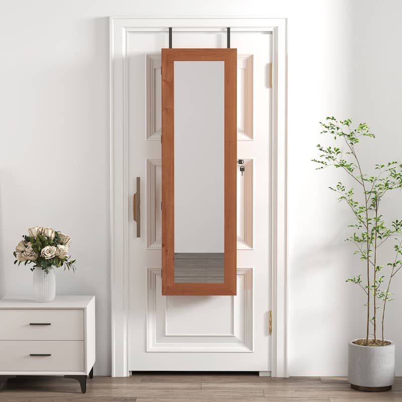Wall-Mounted Solid Wood Jewelry Cabinet with Full-Length Mirror, 47.5x14.3 Inch, Lockable Organizer with LED Lighting‌.