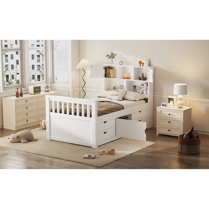 Roomfitters Twin Captain Platform Bed with Bookshelf Headboard and 4 Drawers