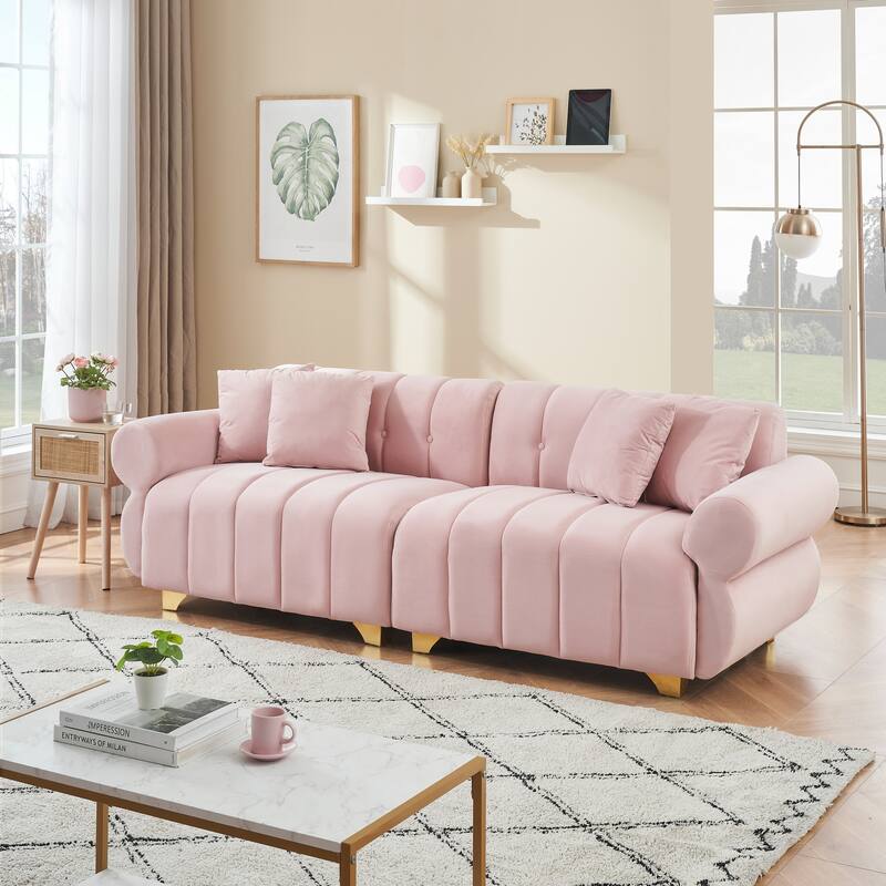 89-Inch Pink Velvet Sofa with Spring-Wrapped Cushions and Throw Pillows