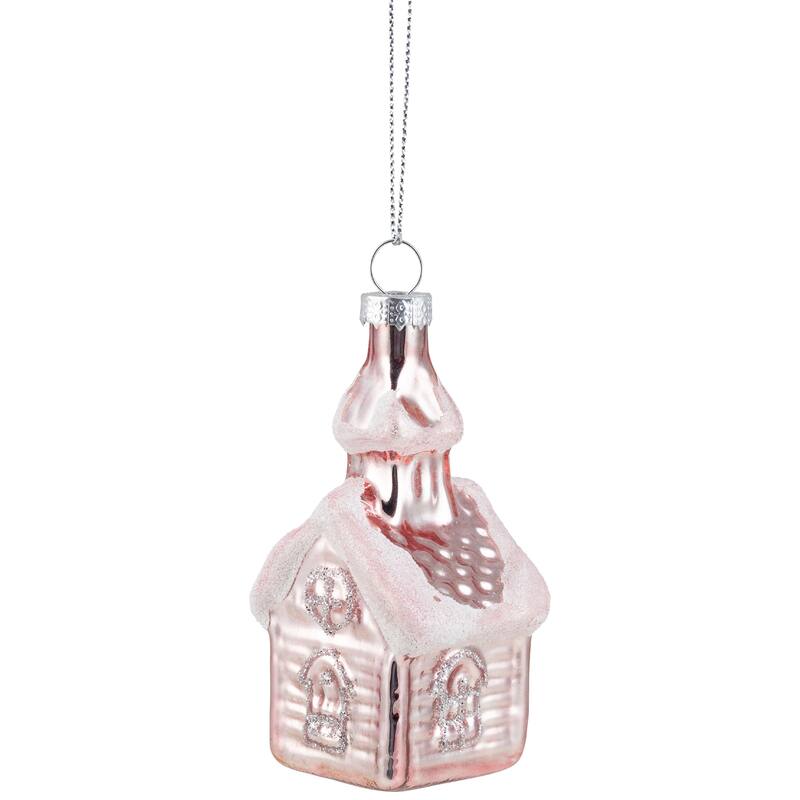 3.25" Snow Covered Pink Church Glass Christmas Ornament