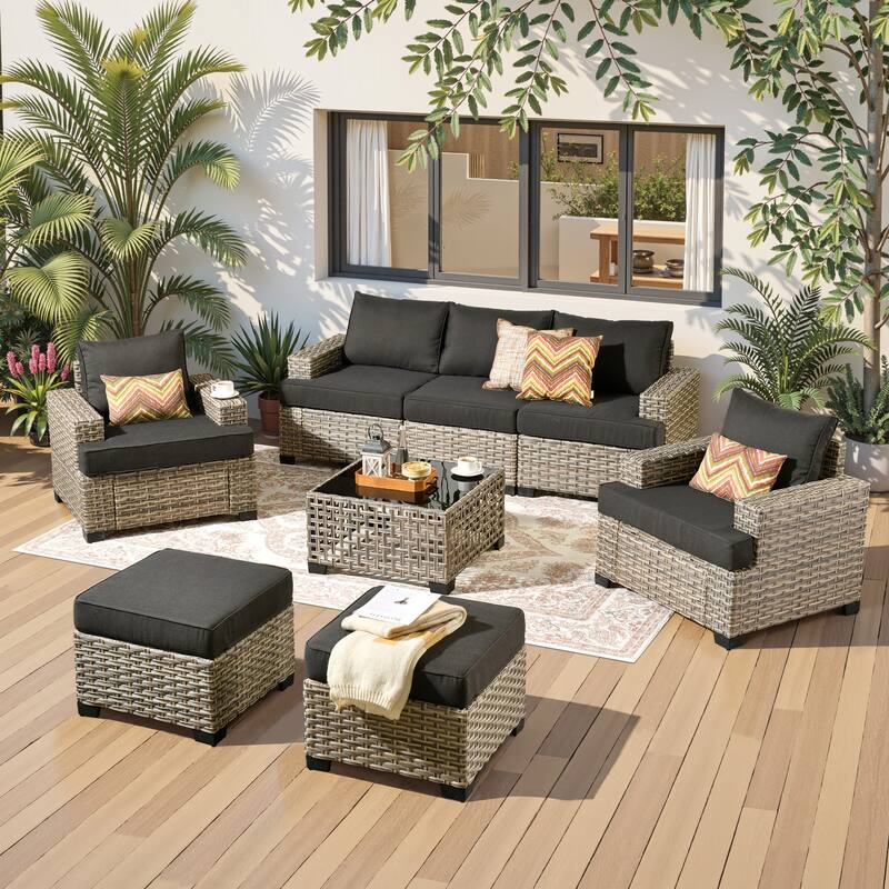 HOOOWOOO 8-piece Outdoor Wicker Patio Furniture Set with Coffee Table - Black