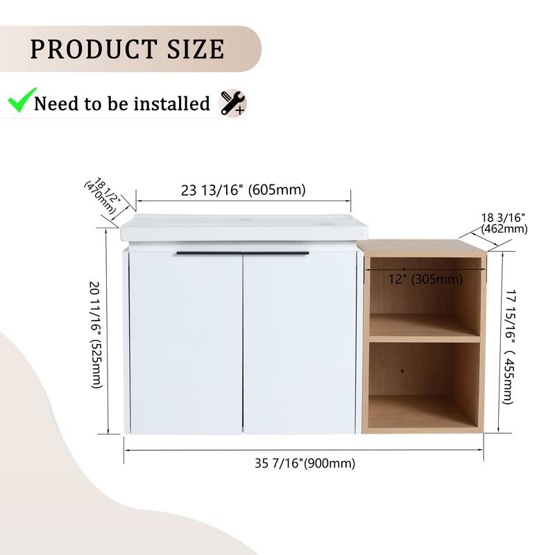 GDFStudio - Emerson Stylish Wall-Mounted Bathroom Vanity with Soft-Close Doors and Ceramic Sink