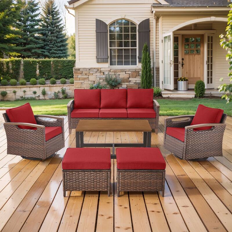Pocassy Outdoor Brown Wicker Funitre with Cushion Set - Red Cushion - Sofa with Swivel Chair Table Ottoman Set