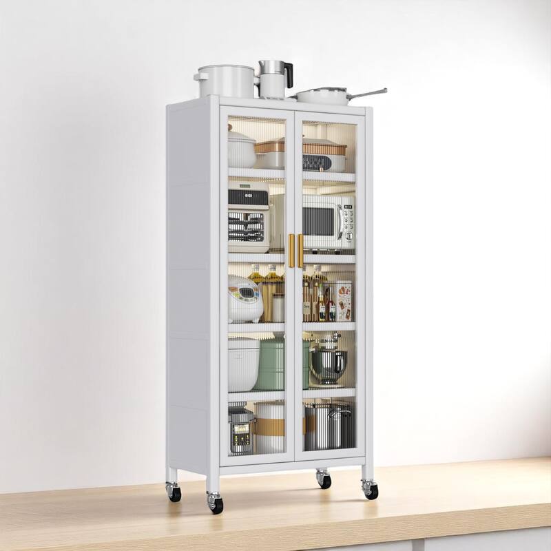 Floor-to-Ceiling Metal Kitchen Pantry Cabinet with Double Doors, Rolling Storage Shelf for Microwave and Bowls - White