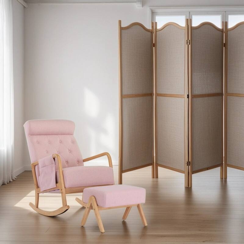 Accent Glider Rocker Chair with Ottoman Armchair with Thick Padded Cushion, Pink