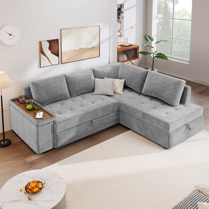 Christopher Knight Home-Miranda Convertible Polyester Sectional Sofa with Storage and Reversible Tray