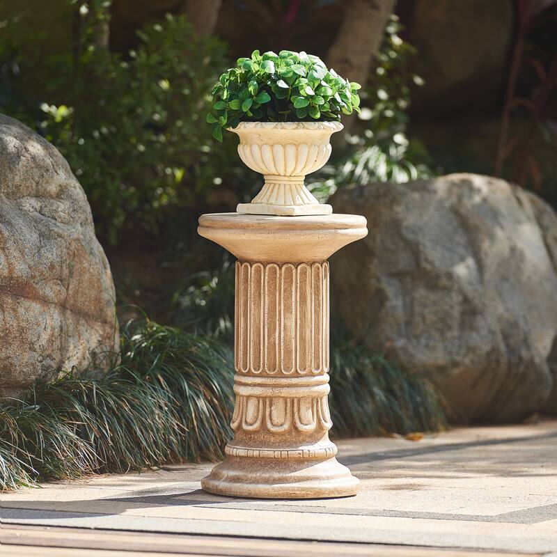 Christopher Knight Home - Ashmere Outdoor Handcrafted Greco-Roman MGO Pedestal Column Stand, Fluted Detailed Design - 19.25"H - Antique Gray - 19.25"H