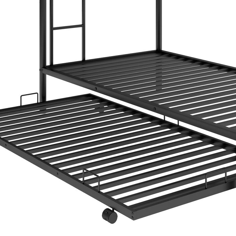 Black Twin over Twin Size Metal Bunk Bed with Trundle, Ladder and Fence for Bedroom