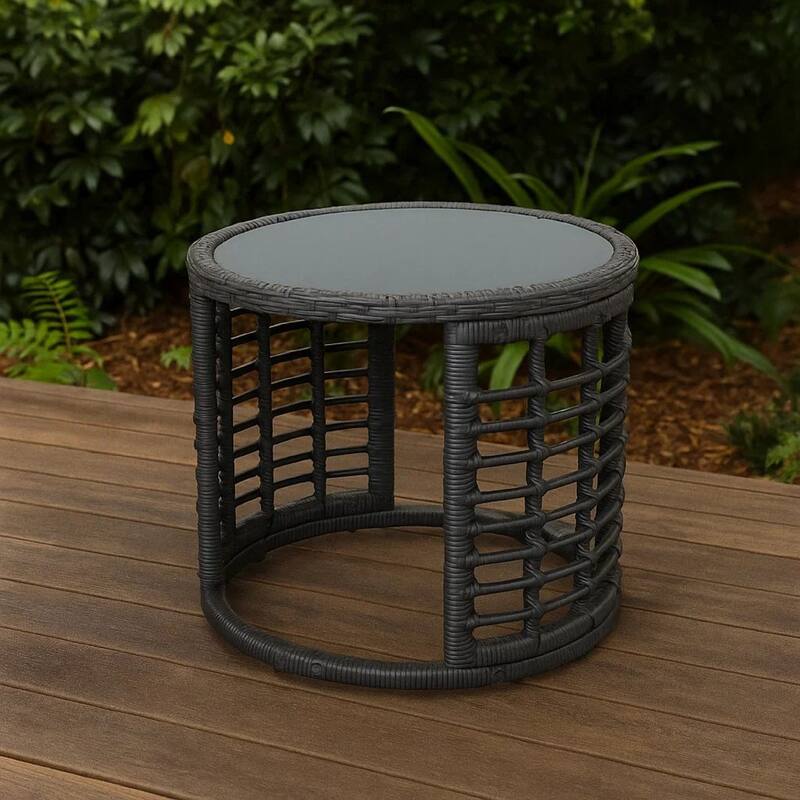 Outdoor Round Side End Table with Woven Accents, 18 Inch, Gray Rattan