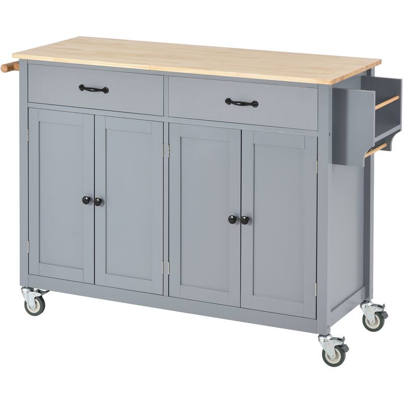 Kitchen Island Cart with Solid Wood Top, 4 Door Cabinet, 2 Drawers, Spice & Towel Rack, Locking Wheels, 54.3" - White