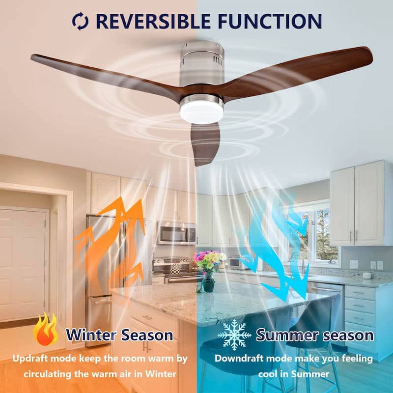 Hot sales 52 Inch Modern Ceiling Fan ,3 Color Dimmable 5 Solide Wood Blades Remote Control Reversible DC Motor With Led Light