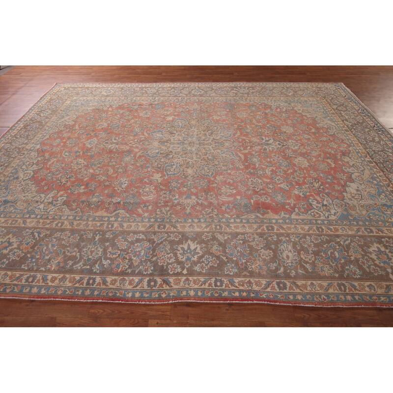 Traditional Pink Mashad Persian Vintage Rug Hand-Knotted Wool Carpet - 9'4"x 12'0"