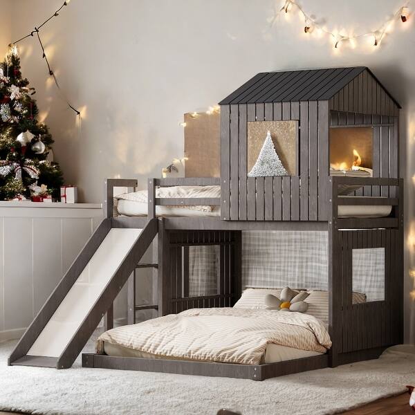slide 2 of 49, Playhouse-inspired Style Twin over Full Wooden Bunk Bed,Loft Bed with Playhouse,Farmhouse, Ladder, Slide and Guardrails Antique Gray