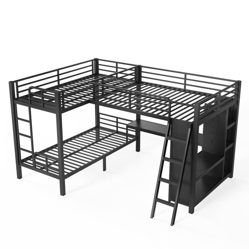 L-shaped Triple Bunk Bed with Desk and Wardrobe, Twin XL over Twin XL Bunk Bed with an Attached Full Loft Bed