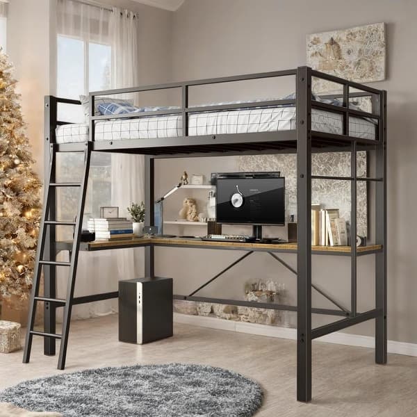 slide 2 of 9, Twin Metal Loft Bed with L-Shaped Desk, Safety Guard & Ladder Black