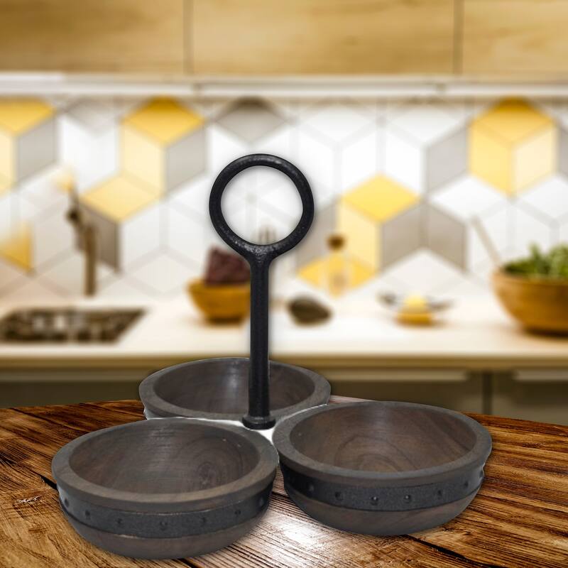 IH Casa Decor Gray Acacia Wood With Riveted Gunmetal 3 Section Server - Grey