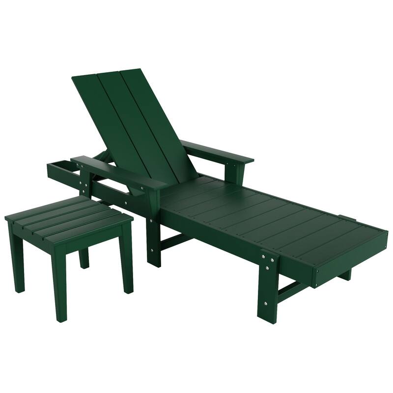 Polytrends Shoreside Modern Poly Eco-Friendly All Weather Reclining Chaise Lounge With Arms, Wheels, & Side Table (2-Piece Set)