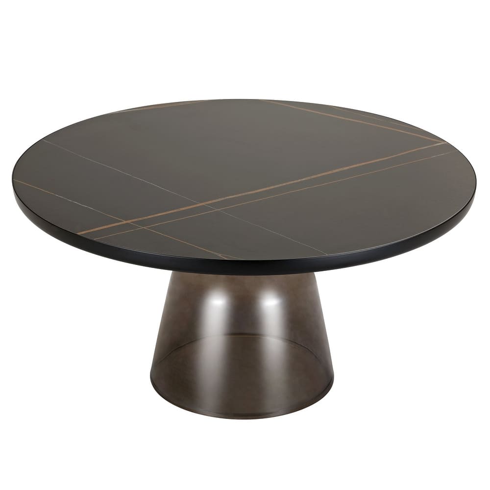 30-Inch Round Coffee Table Glass/Stone Tabletop with Black Iron Rim Frame Glass Pedestal Base