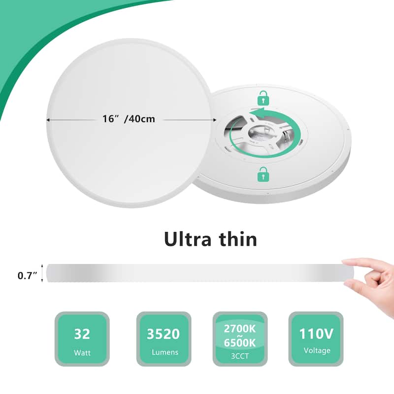 16inch Flush Mount Ceiling Light, 32W 3520LM 5CCT Selectable, Dimmable LED Ceiling Light Fixture