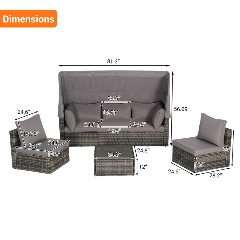 5-Piece Outdoor Patio Wicker Daybed Set with Retractable Canopy, Storable Table