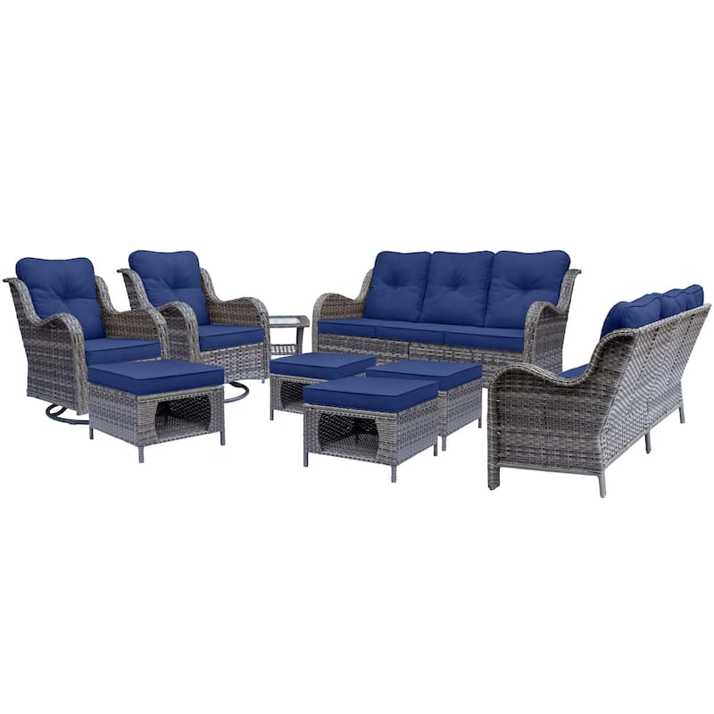 9 Piece Outdoor Wicker Patio Conversation Swivel Chairs Furniture Sets