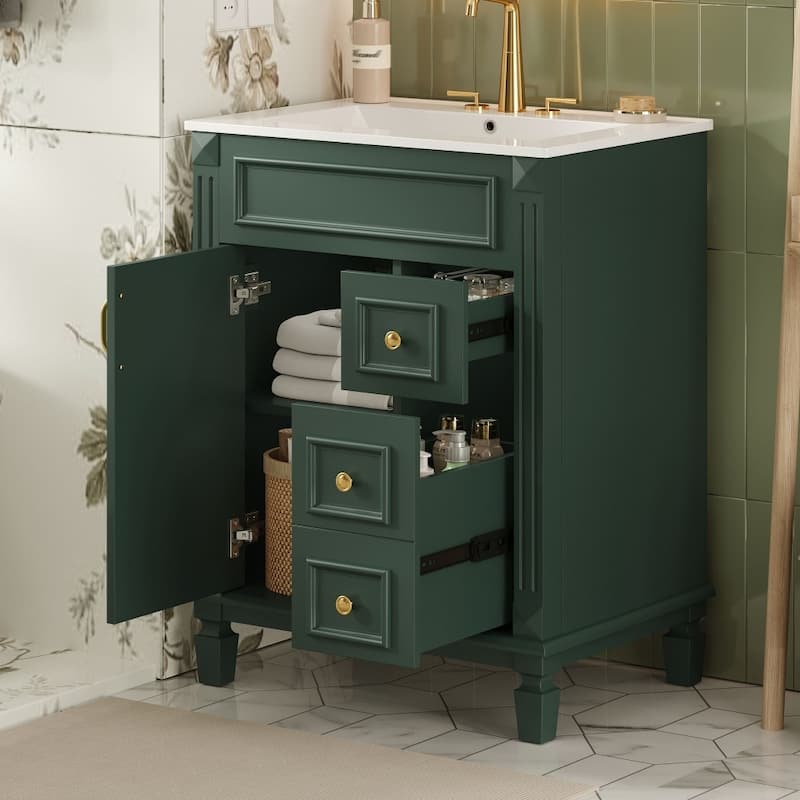 24" Modern Bathroom Vanity with Ceramic Sink and 2 Drawers, Adjustable Shelf