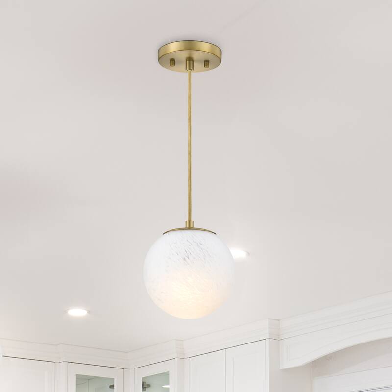 Pixie 60 Watt 1-Light Brushed Gold Globe Pendant Light with Etched Cloud Glass Shade - 7.75