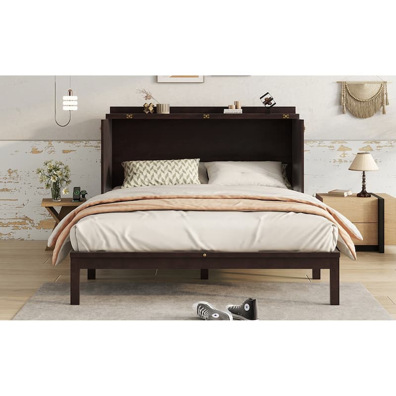 Roomfitters Queen Murphy Bed Cabinet, Pine Wood Fold-Down Bed with Power Station and Rattan Accent Panel