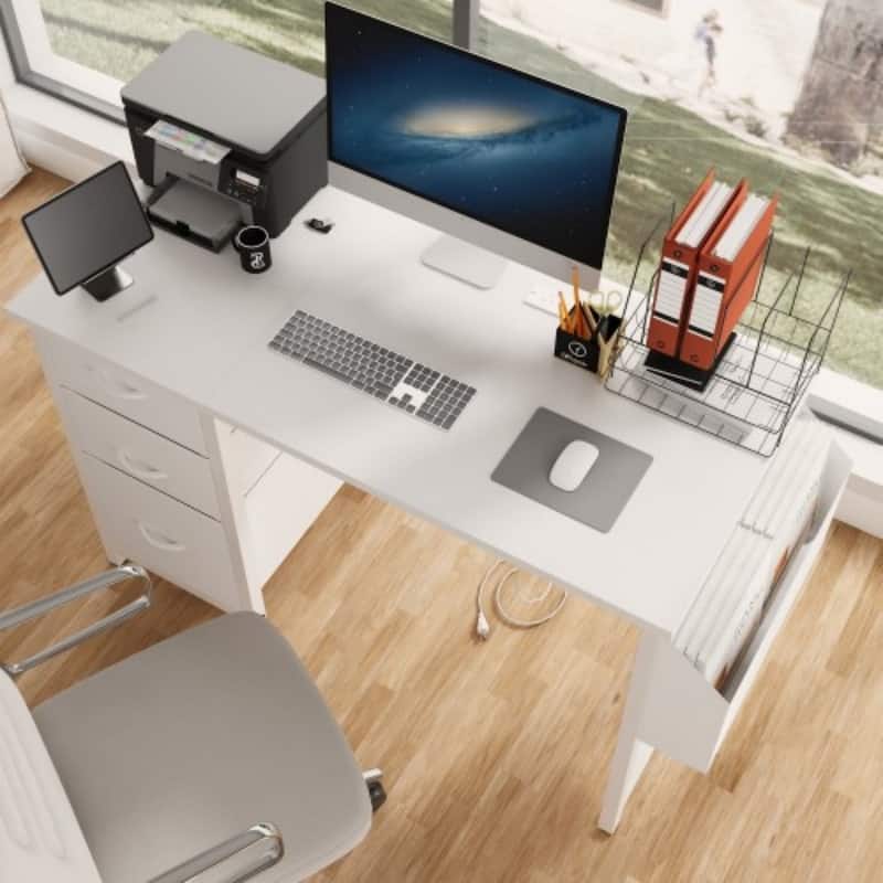 47'' Office Desk, Modern Reversible Study Writing Desk Workstation With Hutch, 3 Drawers, Power Outlets And Side Pockets