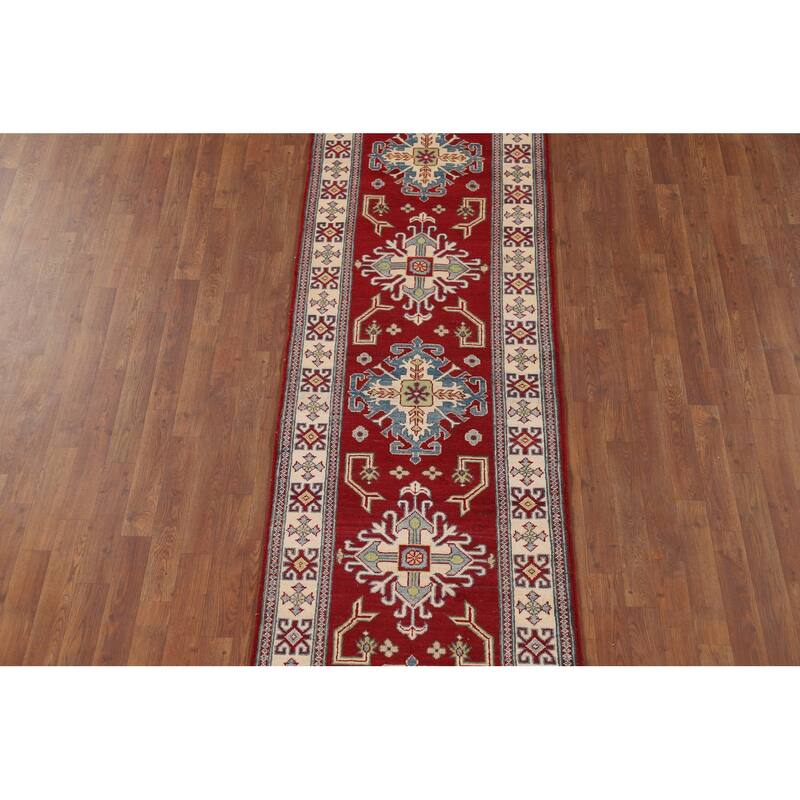 Red Geometric Kazak Runner Rug Handmade Oriental Wool Carpet - 2'9" x 10'1"