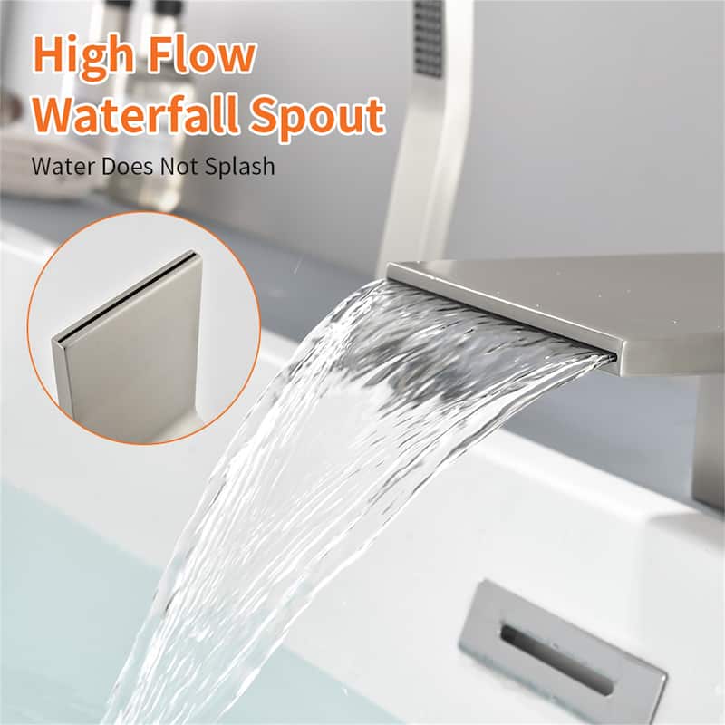 Waterfall Deck Mount Tub Faucet with Hand Shower Brass 3 Holes Modern Bathtub Filler with Valve