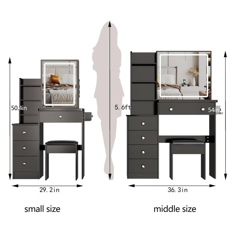 Makeup Vanity Desk with Slidding LED Lighted Mirror, Power Outlet & Hair Dryer Bracket, Small Dressing Table Set with Stool - Black